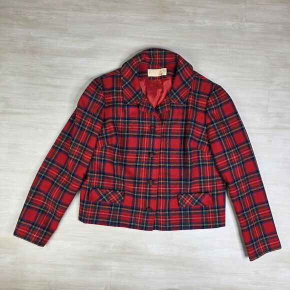 Vintage Pendleton Virgin Wool Red Plaid Blazer 4 Button Crop Business Size 16 - Picture 1 of 8